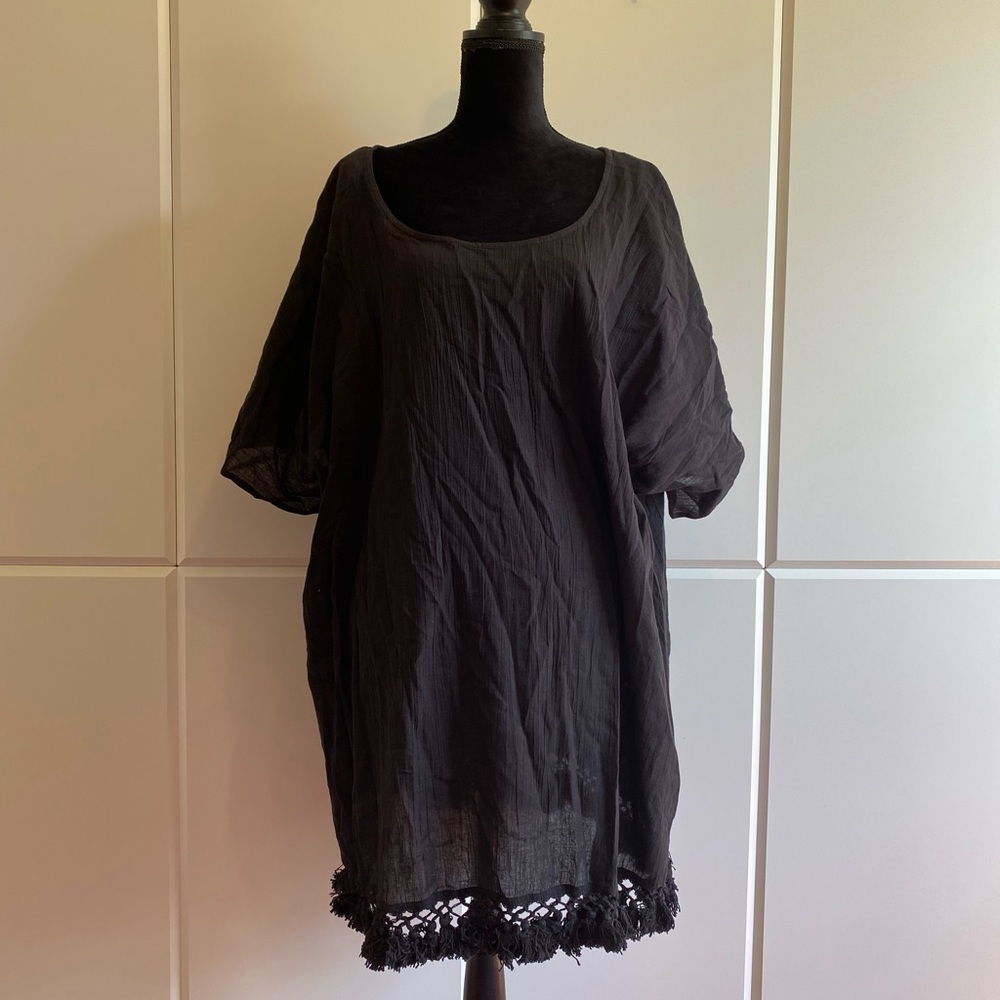 Black 100% cotton Fringed Swim cover up